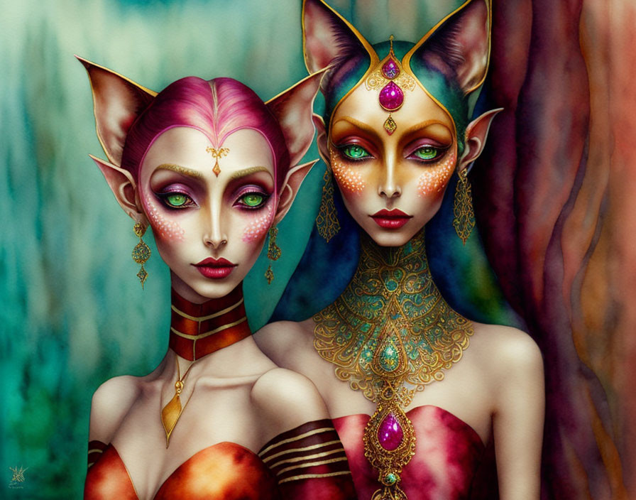 Colorful fantasy figures with cat-like features and elaborate jewelry on textured background