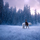 Person riding white polar bear in snowy forest under purple sky