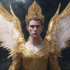 Regal figure in golden armor with wings and crown on dark background