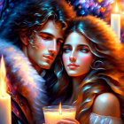 Romantic candlelit scene with two women in fur clothing