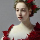 Portrait of a woman with pale skin and red lips, adorned with a red floral accessory in a win