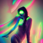 Woman posing under colorful neon lights in dreamy atmosphere