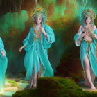 Three female figures in blue dresses and ornate headdresses in mystical forest by a waterfall