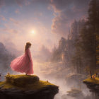 Young girl in pink dress by calm river and sunlit castle in dreamy landscape