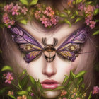 Woman's face with butterfly wing eyes, vibrant flowers, and plant elements.