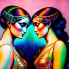 Two women in ornate headbands and intricate hairstyles on vibrant background