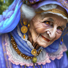 Elderly woman in lavender headscarf and dress with flowers.