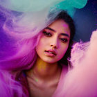 Colorful portrait of a woman with floral hair in purple and pink tones