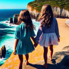 Three women in vintage dresses walking on a pier by the ocean with a house and sailboat in the