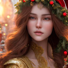 Festive digital art portrait of a woman in golden armor with Christmas hat and holly