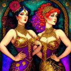 Symmetrical Art Nouveau Women with Gold Headpieces and Celestial Motifs