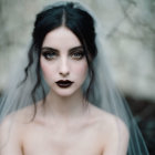 Dark-haired woman in white jacket gazes pensively in surreal landscape