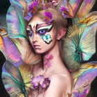 Fantasy portrait: Person with violet eyes, purple flower crown, surrounded by butterfly wings