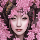 Pink-haired woman with floral crown and closed eyes in ethereal setting.