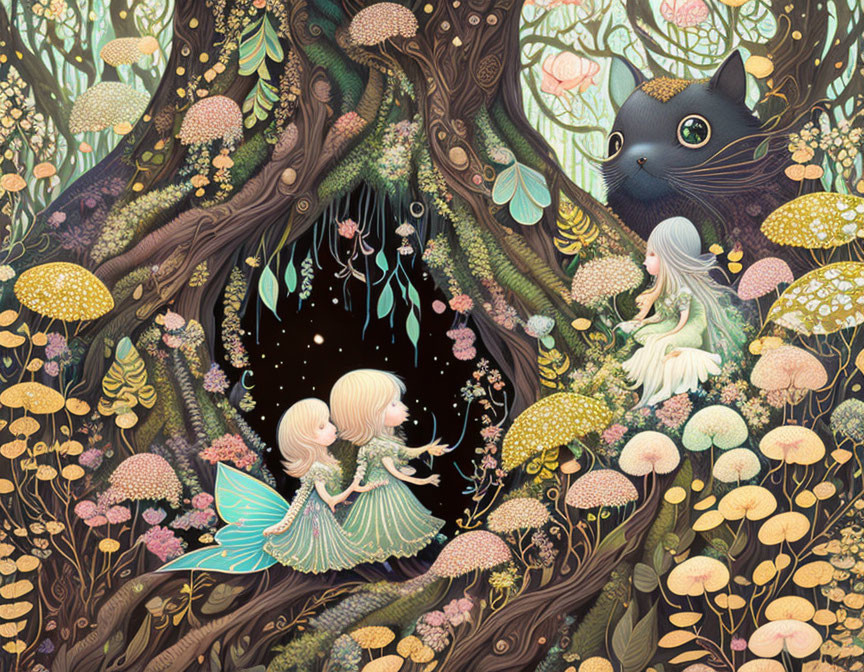 Enchanting forest scene with fairy creatures, cat, colorful flora, magical tree hollow