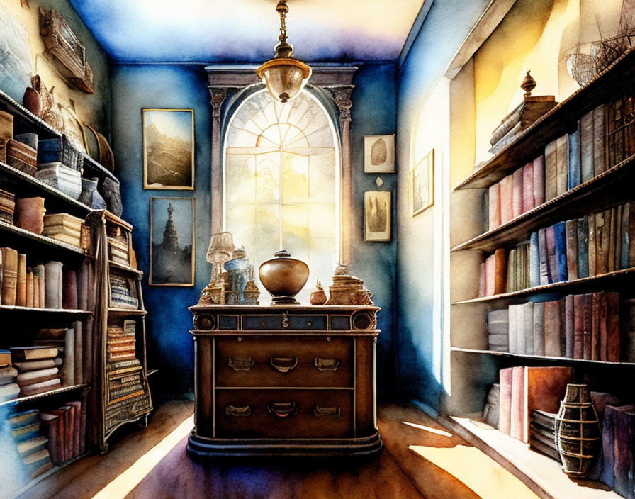 Vintage study with sunlight, bookshelves, and antique cabinet.