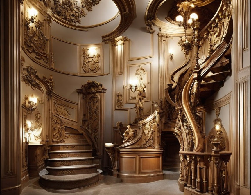 Luxurious interior staircase with intricate wood paneling and golden accents