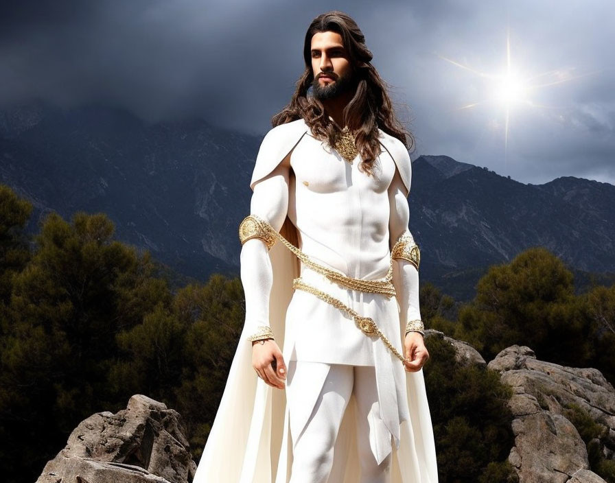 Fantasy character in white costume against mountain landscape