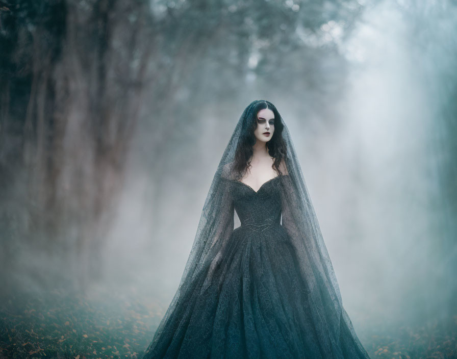 Woman in dark elegant gown with cape in misty forest exudes mysterious ambiance