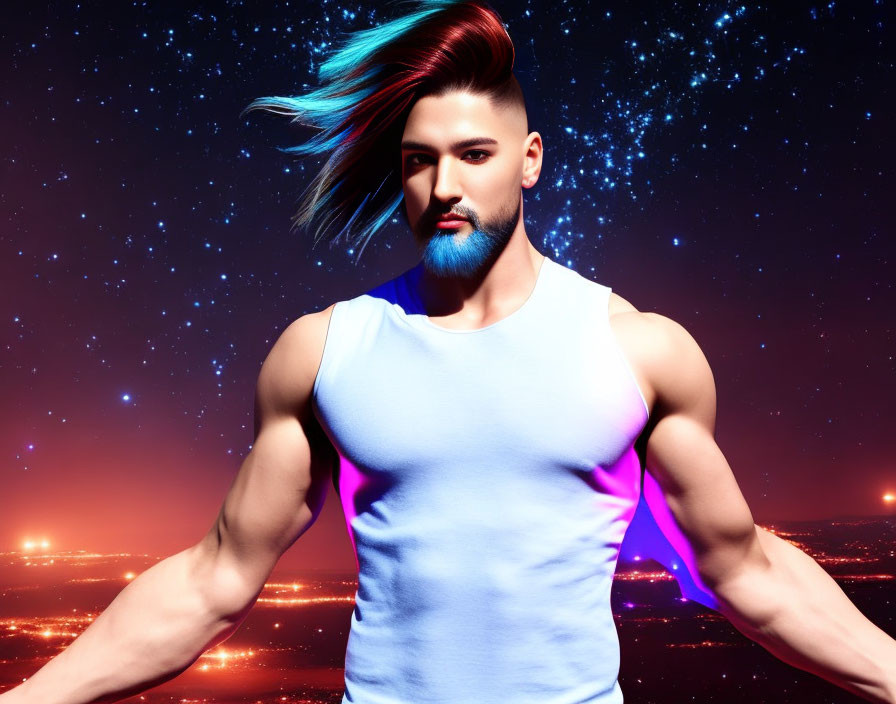 Man with Teal and Red Hair and Blue Beard in White Tank Top on Cosmic Background