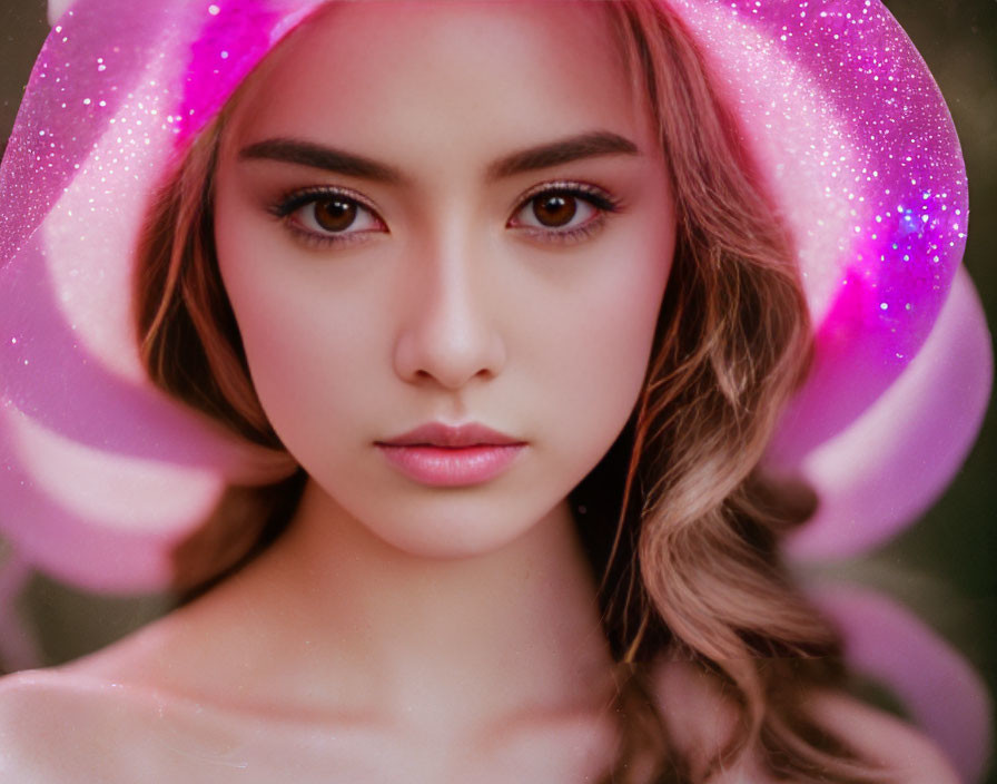 Young woman portrait with pink-purple halo light effects.