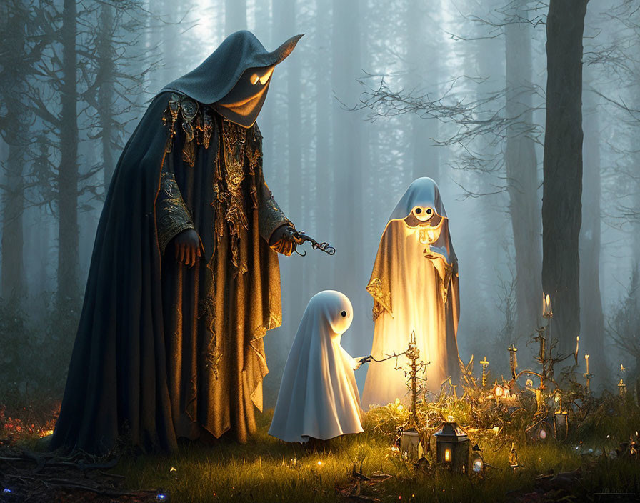 Mystical forest scene with three cloaked figures and glowing lights