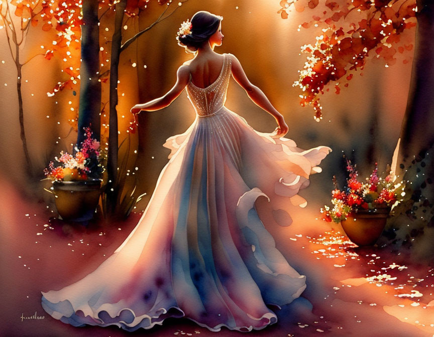 Woman in elegant gown in vibrant autumnal setting with warm light.