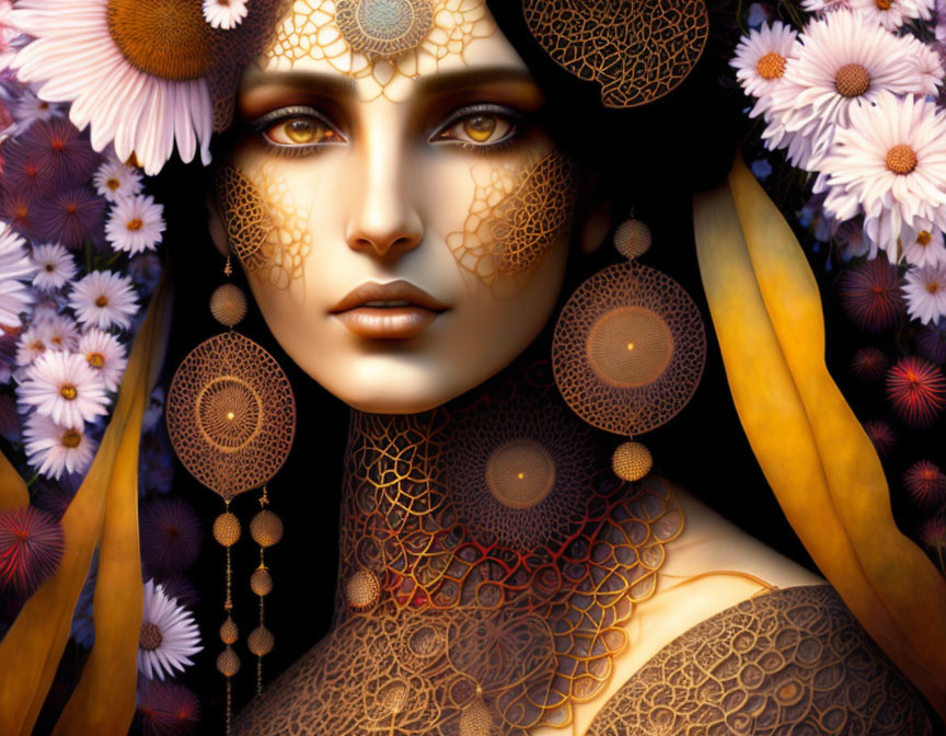 Intricate digital artwork of woman with patterned skin adornments surrounded by vibrant flowers and leaves