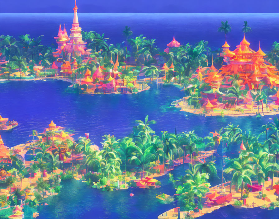 Colorful cartoon-style tropical island with buildings, palm trees, and blue waters