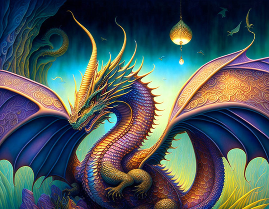 Majestic dragon with intricate scales and feathers in vibrant fantasy artwork