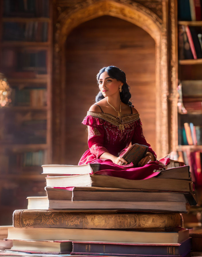 Woman in Burgundy Dress on Pile of Books in Library