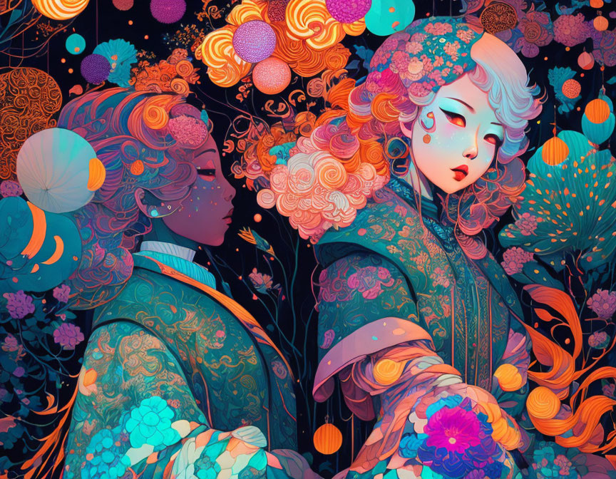 Colorful stylized characters in intricate clothing with whimsical hairstyles among glowing spheres and floral motifs