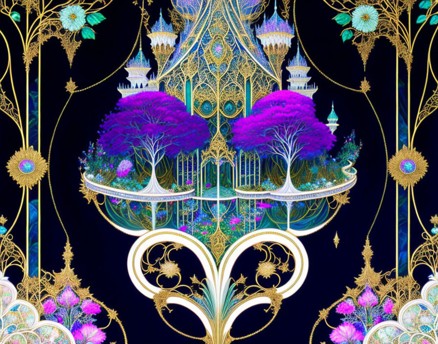 Symmetrical gold patterns with floating islands and purple trees