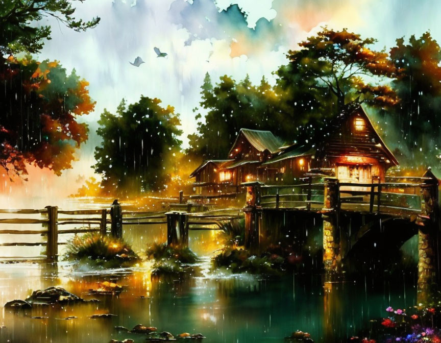 Scenic painting of cozy cabin by pond in rain shower