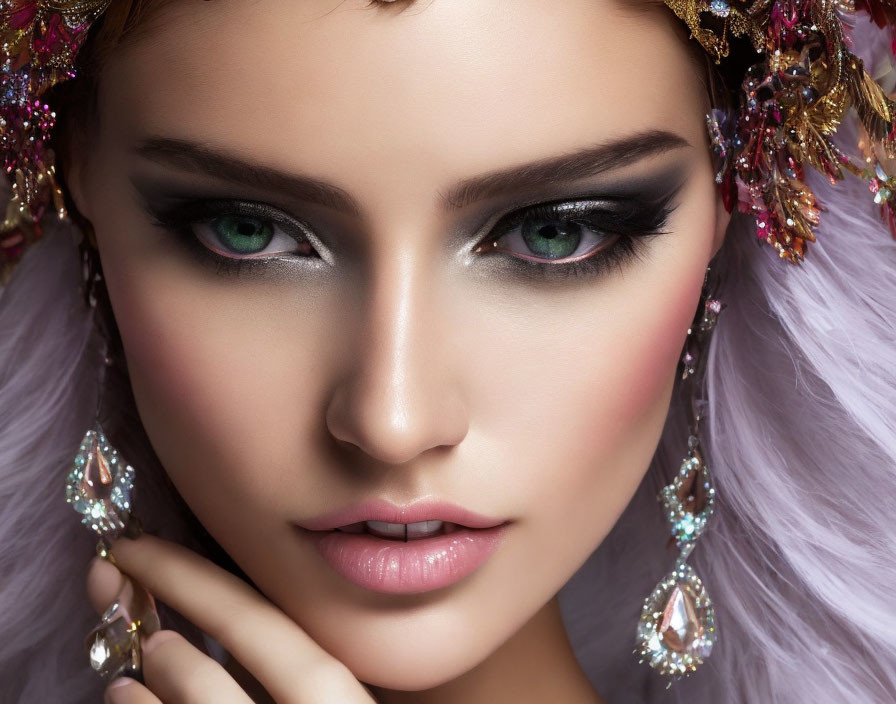 Portrait of a woman with green eyes, dramatic makeup, and ornate jewelry on purple background