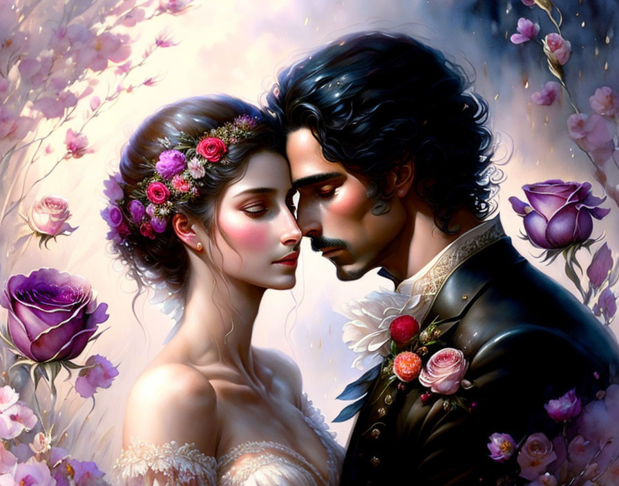 Romantic Couple Embracing Surrounded by Blossoms and Roses