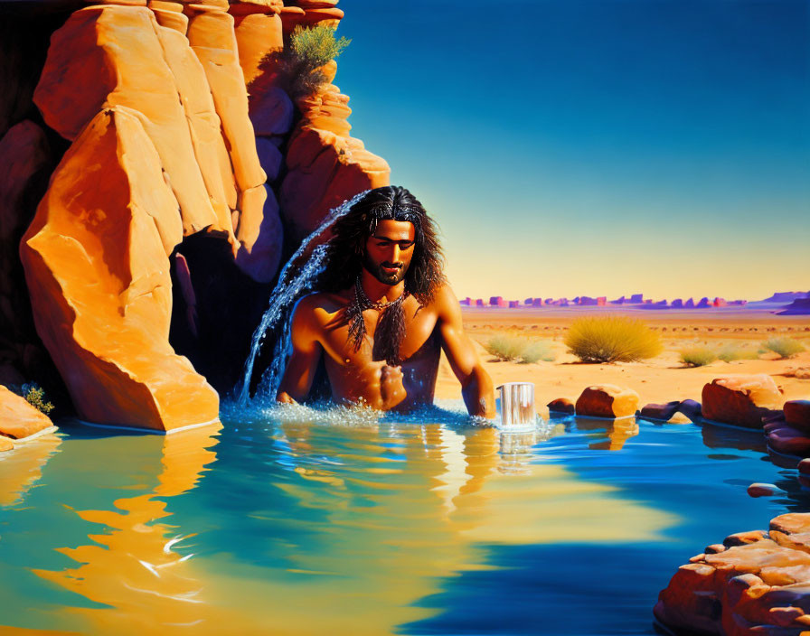 Long-haired man emerges from desert oasis with red rocks and blue sky