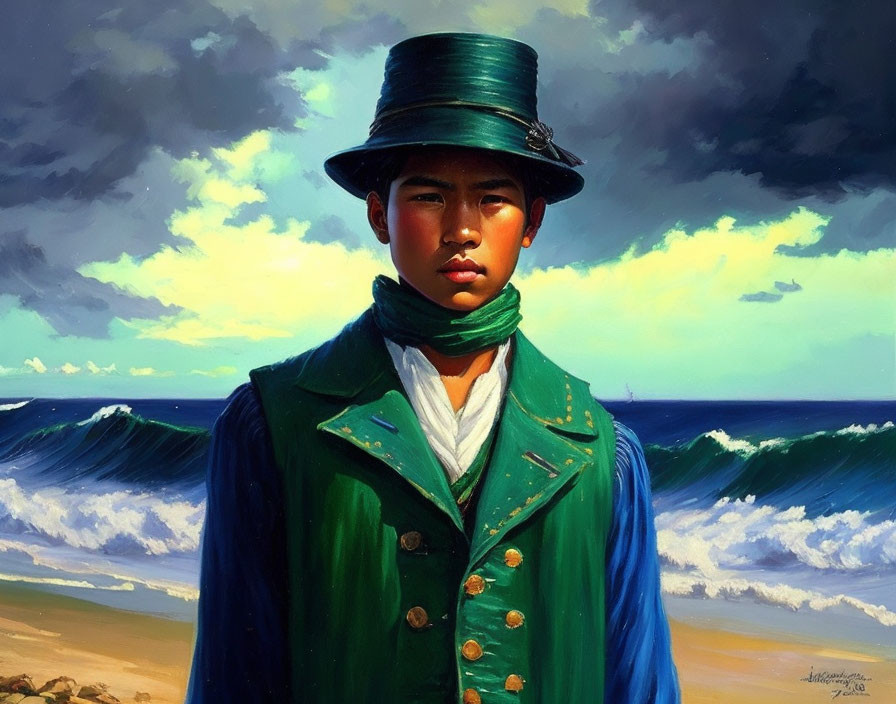 Young person in green coat and top hat on beach under stormy skies