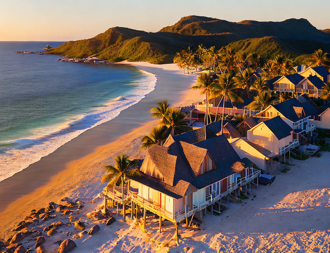 Coastal scene: Houses on sandy beach, ocean, hills, golden sunlight