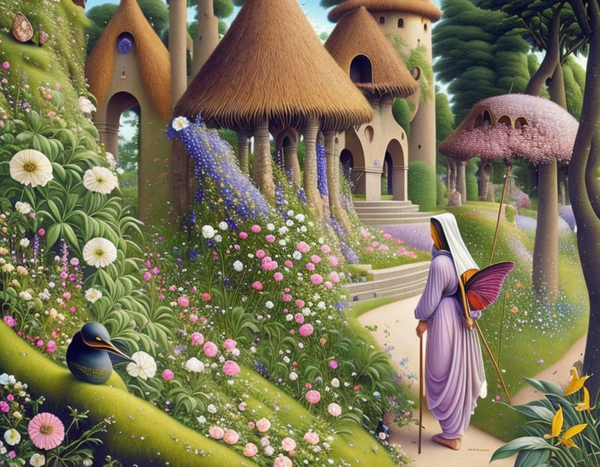 Fantasy landscape with vibrant flora, butterfly creatures, thatched-roof houses, and robed figure