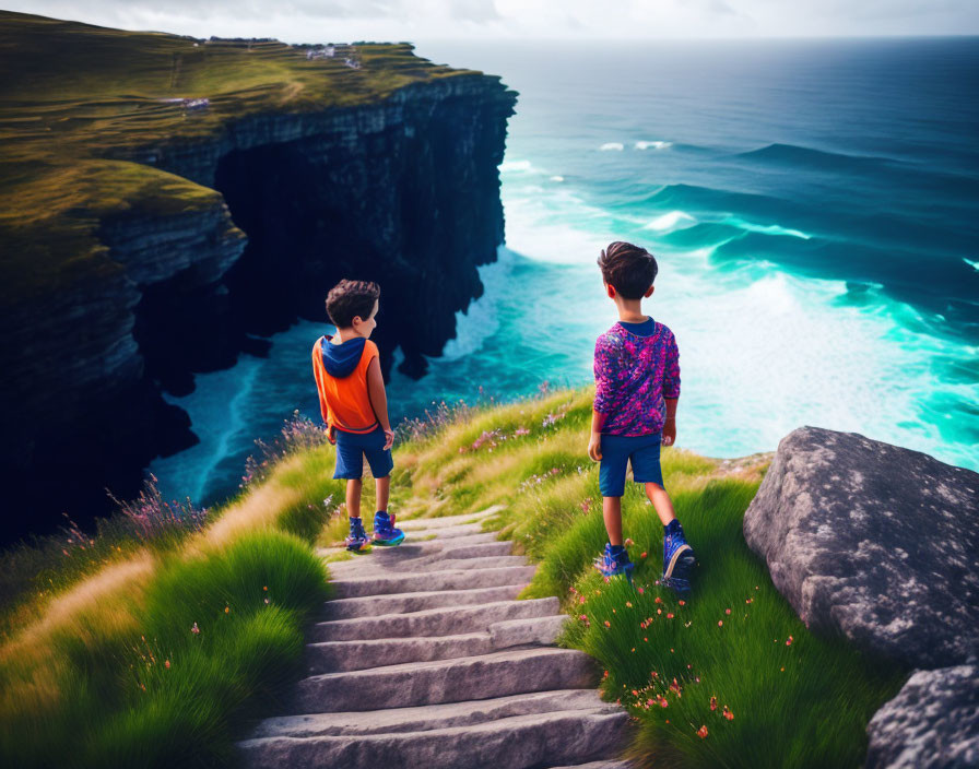 Children at dramatic cliff overlooking turquoise sea
