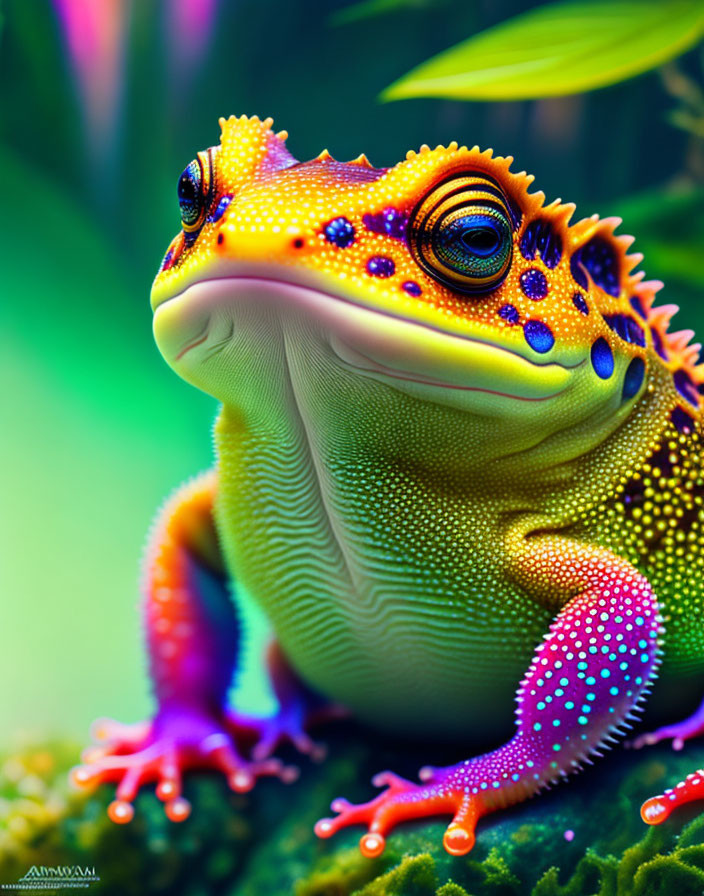 Vibrant orange frog with yellow and blue spots on green background