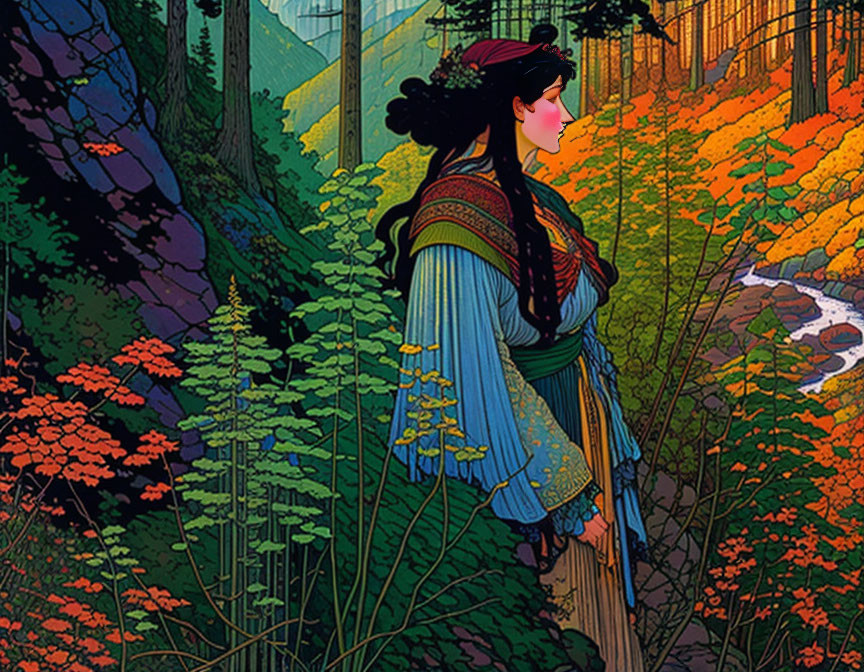 Illustration: Woman in traditional attire looking at vibrant forest with stream.