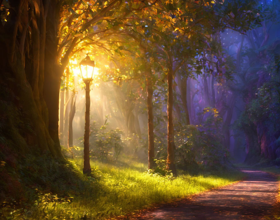 Enchanting forest path with glowing lamppost at dusk