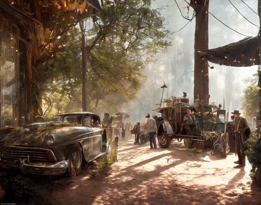 Rustic village scene with sunlight, old car, people, carts, and wooden buildings