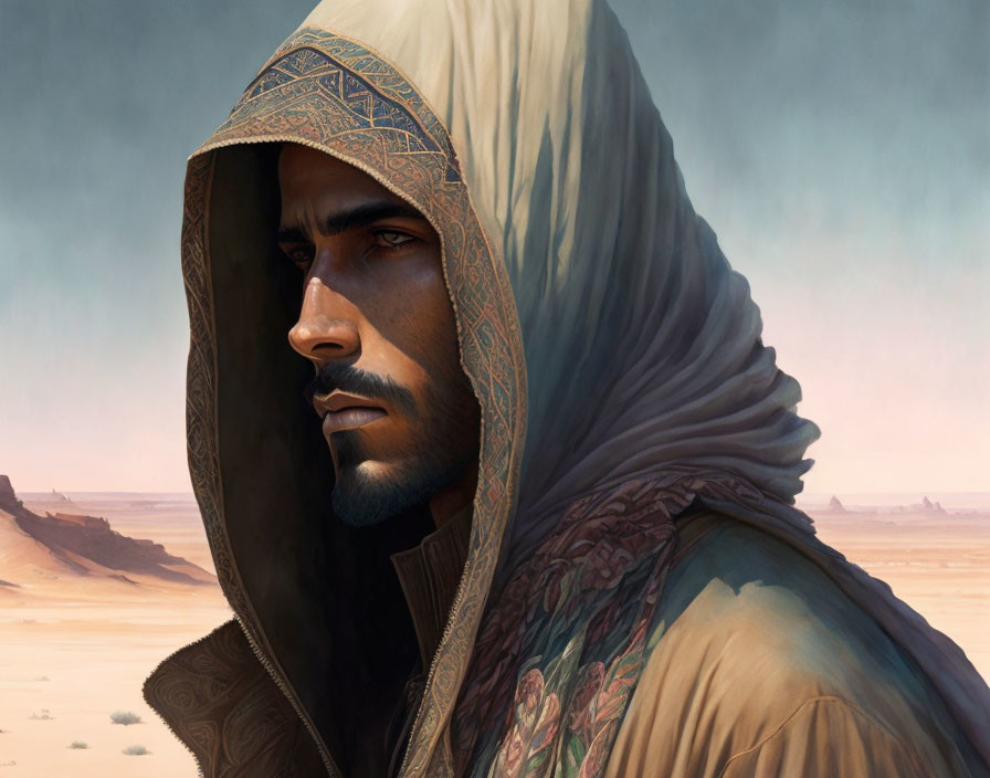 Man in desert wearing hooded robe with intricate patterns