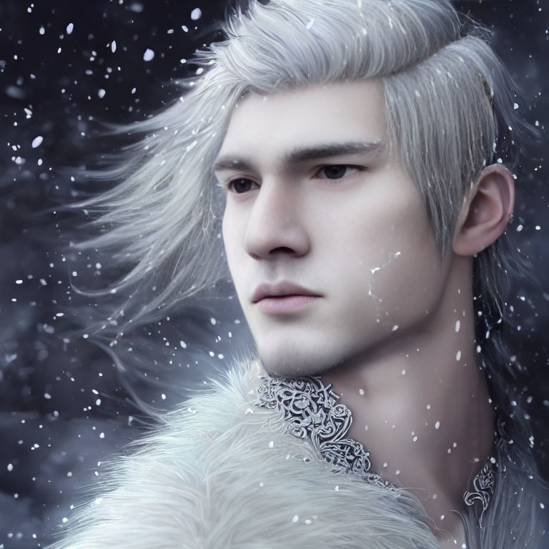 Digital artwork of pale-skinned man with white hair in snowy setting.