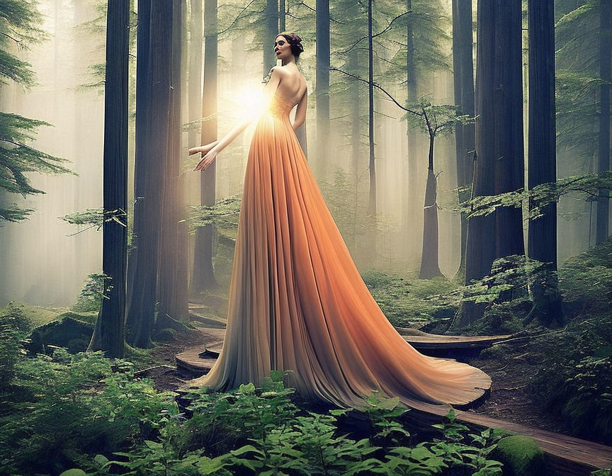 Woman in flowing orange dress in misty forest reaching towards sunlight