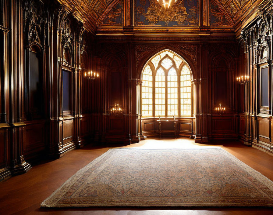 Gothic-style room with arched window, wood paneling, decorative ceiling, and elegant rug