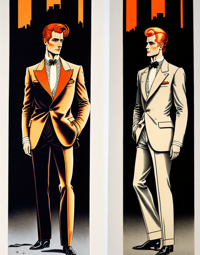 Stylized men in vintage attire, one in orange suit, the other in white - bold lines